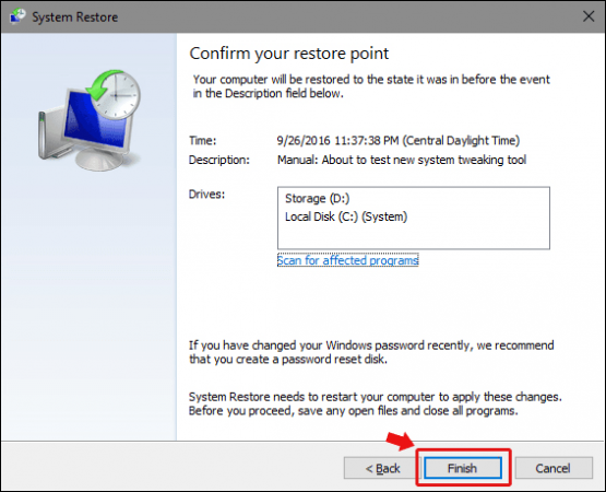 confirm restore point