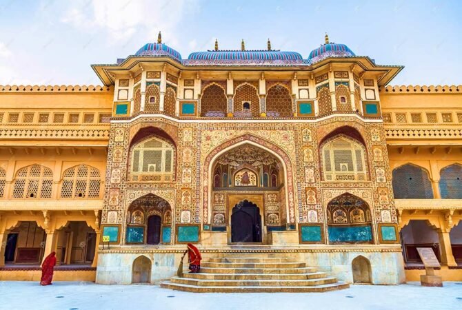 Amer Fort royal palace medieval architecture at Jaipur Rajasthan with beautiful stone carvings